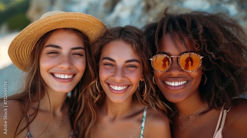 Three happy women, with diverse skin tones, are smiling outdoors; two wear hats, one wears sunglasses, generative ai Three happy women, with diverse skin tones, are smiling outdoors; two wear hats, one wears sunglasses, generative ai