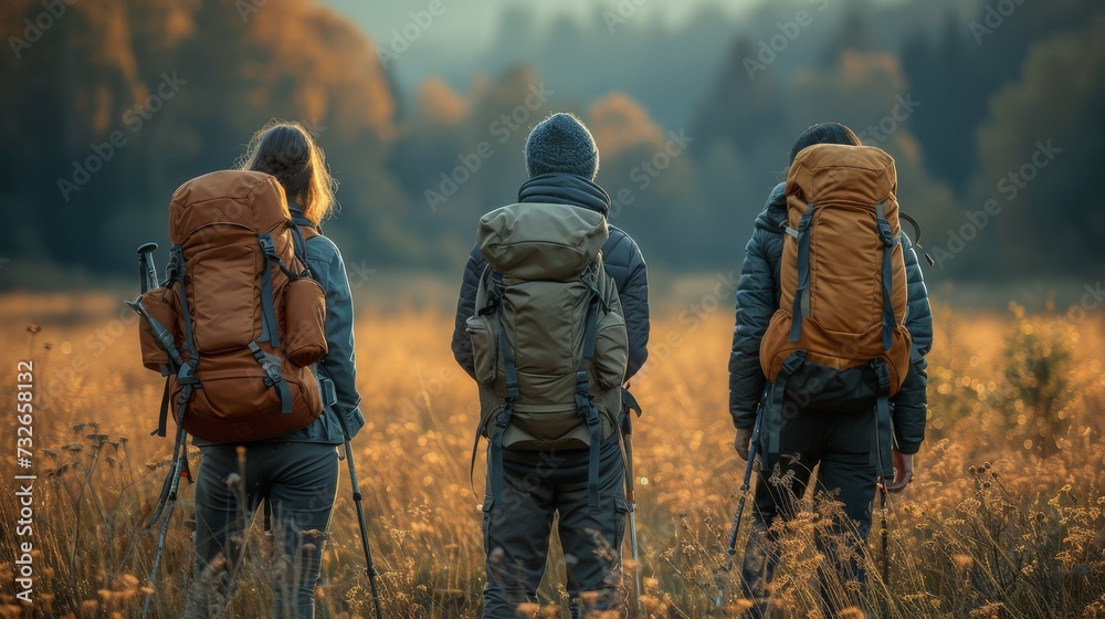 Three hikers with backpacks standing in a field, facing a forest at sunset or sunrise, generative ai - obrazy, fototapety, plakaty 