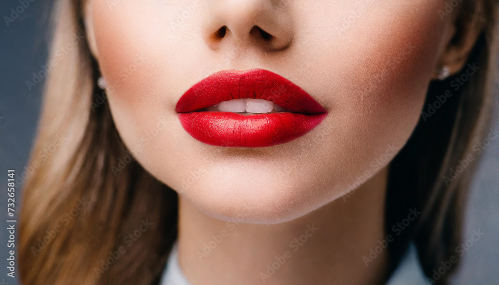 Close-up of Caucasian woman's red lips and soft skin. Beauty and confidence Close-up of Caucasian woman's red lips and soft skin. Beauty and confidence