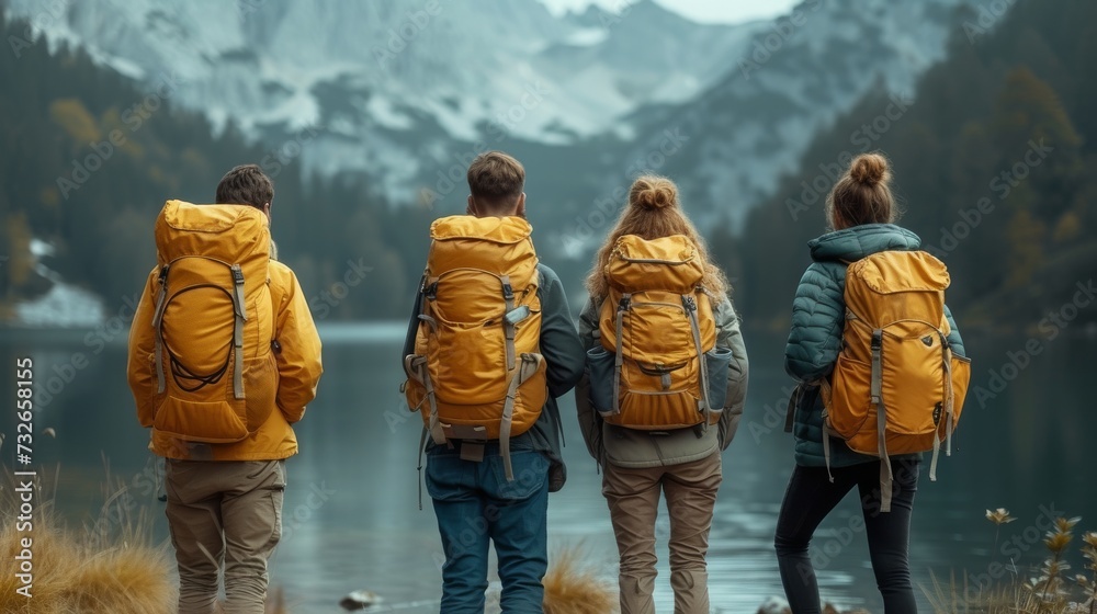 Four hikers with orange backpacks stand before a serene mountain lake surrounded by forested slopes, generative ai - obrazy, fototapety, plakaty 