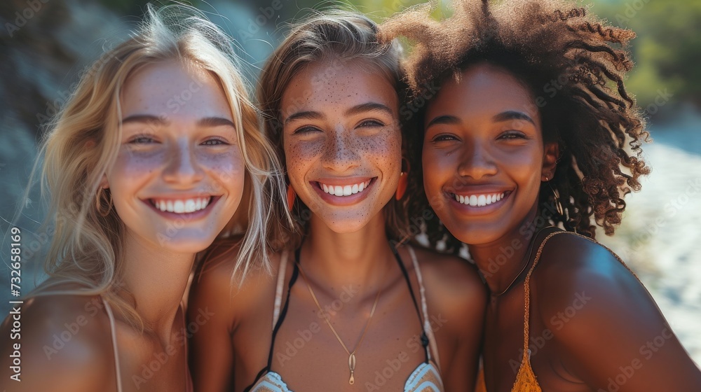Three joyful friends with radiant smiles are taking a close-up selfie on a sunny, outdoor day, generative ai Three joyful friends with radiant smiles are taking a close-up selfie on a sunny, outdoor day, generative ai