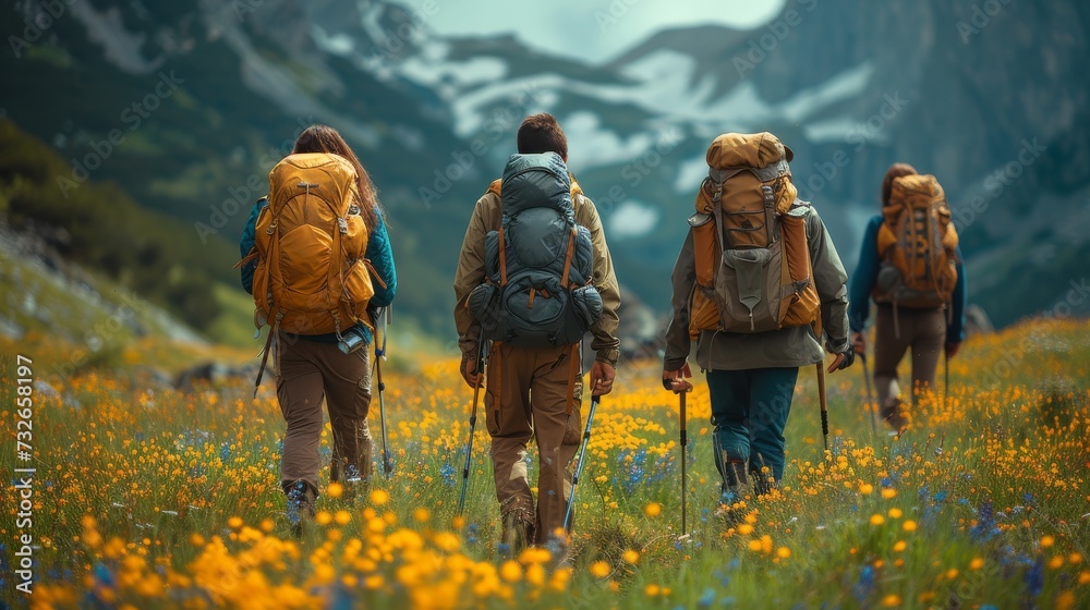 Four hikers with backpacks trek through a vibrant wildflower field with mountains in the background, generative ai - obrazy, fototapety, plakaty 