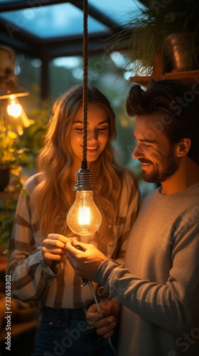 A smiling man and woman together, touching a hanging lit light bulb, in a cozy ambiance, generative ai