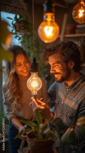 Two people are smiling and looking at an illuminated light bulb in a cozy indoor setting, generative ai