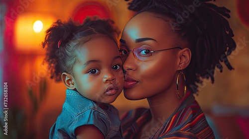 Tender moment: African daughter kisses cheerful mom.