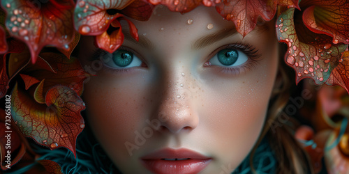 A close-up photo of a girl's eyes, Festive Yk Woman With Pink Makeup And Confetti. Сoncept Festive Makeup