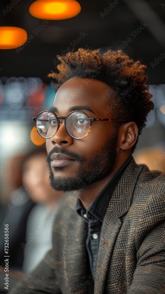 A man with glasses wearing a houndstooth blazer looks thoughtful in a warmly lit indoor space, generative ai A man with glasses wearing a houndstooth blazer looks thoughtful in a warmly lit indoor space, generative ai
