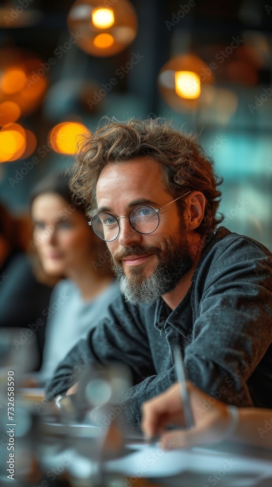 Man with glasses smiling at camera in a cafe setting with blurred background and warm lighting, generative ai Man with glasses smiling at camera in a cafe setting with blurred background and warm lighting, generative ai