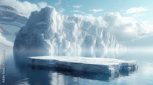 A serene arctic landscape with a large iceberg reflecting on calm waters under a cloudy sky, generative ai