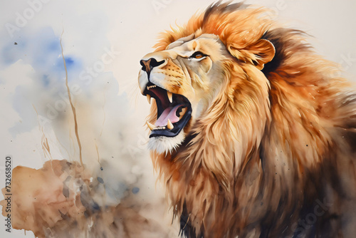 Watercolor painting of a roaring big and dangerous male lion and, wild cat animal in the savanna or safari wilderness 