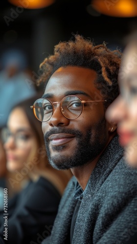 A smiling man with glasses and a beard is focused in the foreground  others are blurred, generative ai © TheGoldTiger