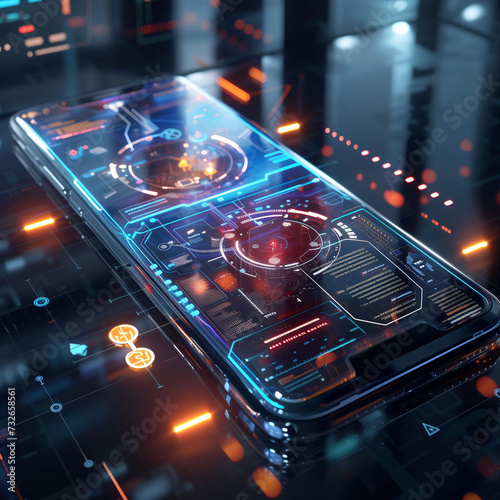 An advanced smartphone displaying a futuristic user interface with holographic elements and data analytics visualization..