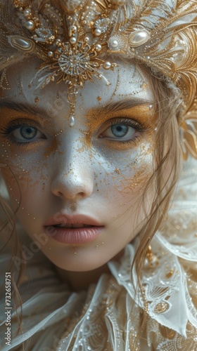 A person with intricate gold makeup and an ornate headpiece conveys a majestic  fantasy-inspired aesthetic  generative ai