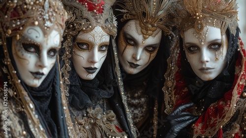 Four individuals in ornate masks and elaborate costumes at what appears to be a Venetian carnival event, generative ai