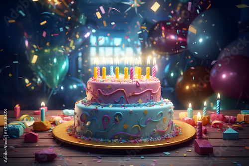 Birthday cake with burning candles on wooden table against bokeh background - Ai Generated
