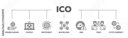 ICO banner web icon illustration concept with icon of crowdfunding, startup, investment, blockchain, risk, trust and cypto currency icon live stroke and easy to edit 