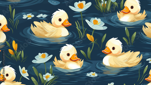 Rubber Duck Floating in Pond of Water Lilies. Pattern for Print. Generative AI