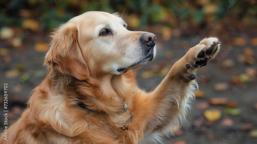Nice golden retriever closeup photograph outdoors, lovely portrait of a beautiful dog that obeys a command and gives the paw, its complicity and love for its owner is touching, a moving pet picture