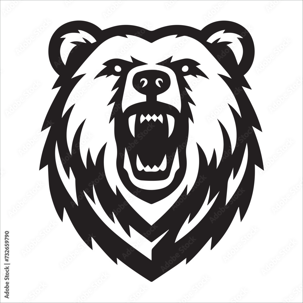 bear head , Angry roaring bear head black and white illustration