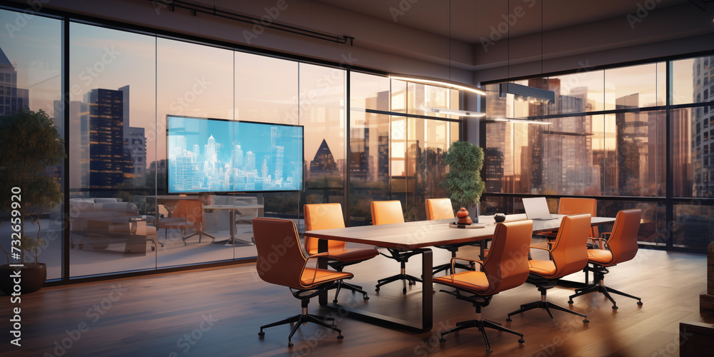Realistic office meeting space with sleek glass walls, Empty office conference room, modern board meeting office interior with large windows