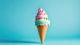 Close-up of waffle cone with multicolored ice cream. Ice cream on a blue background. Advertising banner concept. Copy space