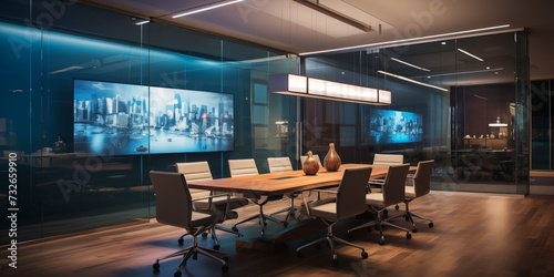 Realistic office meeting space with sleek glass walls, Empty office conference room light modern board meeting office interior with large windows