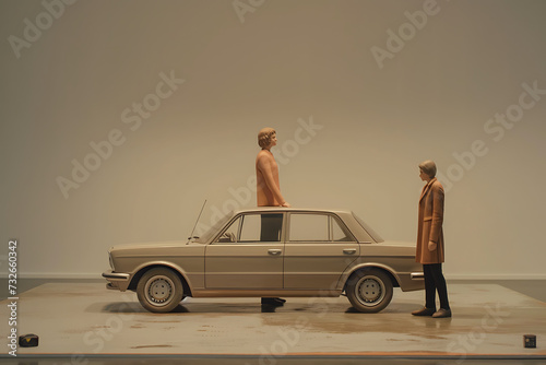 the man and woman stand next to their car on the floo photo