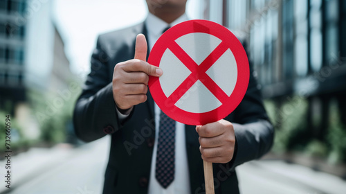 A Businessman Holding a Forbidden Sign with Caution and Stop Symbols Amidst an Environment of Restrictions and Dangers