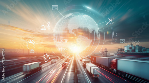 dynamic transportation and logistics concept, showcasing various modes of freight transport such as trucking and aviation, integrated with digital connectivity and global networking. © Studio Nova