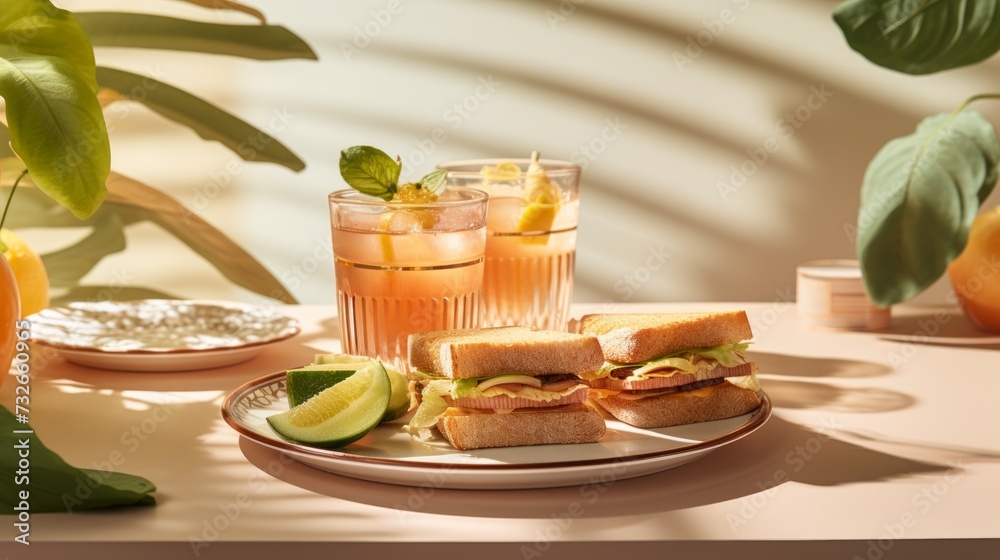 A plate with a sandwich and a drink is placed on a table indoors. Generative AI A plate with a sandwich and a drink is placed on a table indoors. Generative AI