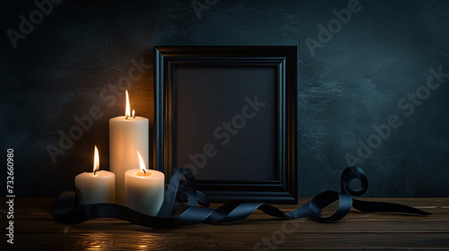 A solemn tribute: A funeral frame adorned with flickering candles and a somber black ribbon, set upon a weathered wooden table amidst the darkness.