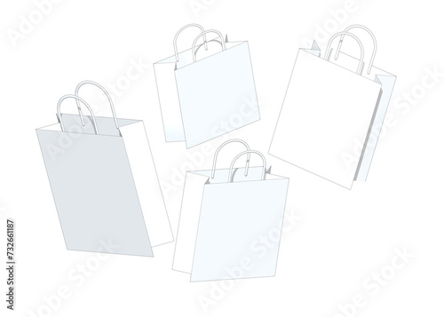 White shopping bags 3D render on a transparent background PNG. Sketch style.