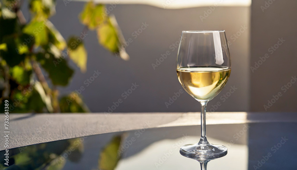 Elegant glass of white wine on glossy surface, soft background, reflecting sunlight Elegant glass of white wine on glossy surface, soft background, reflecting sunlight