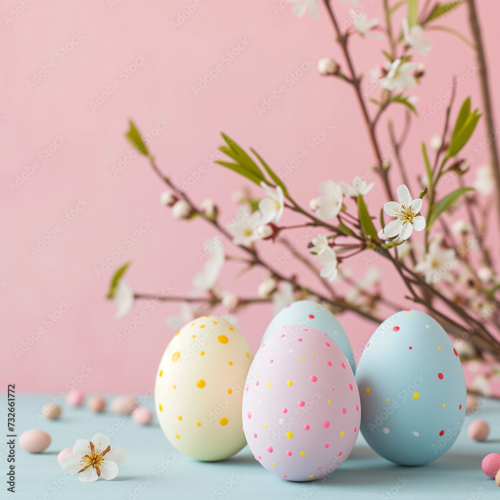 Happy Easter. Congratulatory easter background. Easter eggs and flowers on pink. Happy Easter. Congratulatory easter background. Easter eggs and flowers on pink.