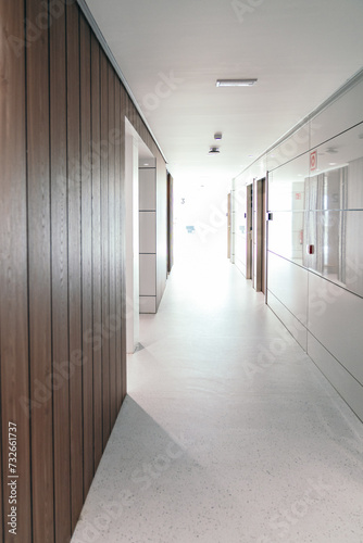 Empty, bright hospital hallway featuring wooden walls and reflective glass, conveying a sense of calm and modern healthcare environment.