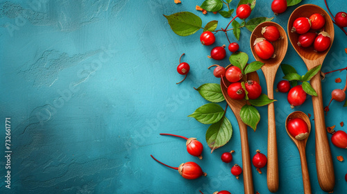 Fresh Rose Hip Berries and Leaves adorn wooden spoons on a blue background.