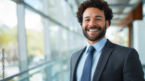 A cheerful man in a suit and tie stands confidently in an office environment, exuding professionalism and happiness.