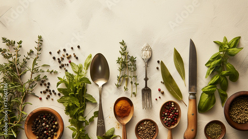 herbs and spices on wooden background