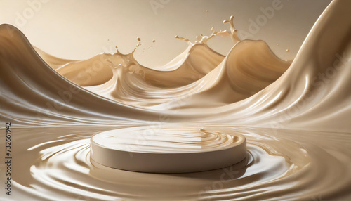 Beige pedestal for product display with cream waves, symbolizing elegance and purity photo