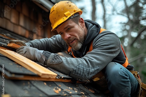 A Caucasian professional roofer in his 40s is attaching wooden components to the roof of a house.