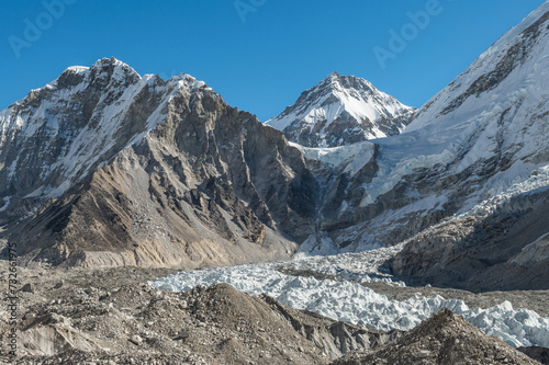 View of Khumbutse and Changtse Mountains, Lho La pass and Khumbu Glacier from Everest Base Camp during EBC or Three Passes trekking in Khumjung, Nepal. Highest mountains in the world. photo
