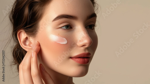 close-up of a woman applying a white cream to her cheek  showcasing a clear and healthy complexion.