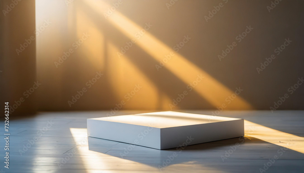 Minimalist white podium in sunlit room, perfect for product showcasing Minimalist white podium in sunlit room, perfect for product showcasing