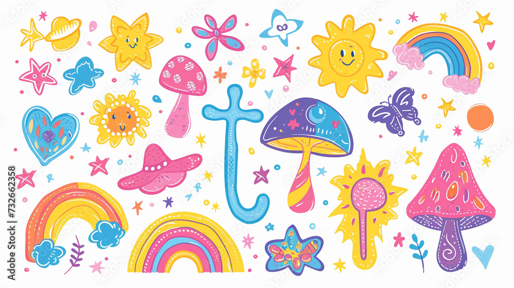 A set of groovy and funky elements featuring an assortment of cartoon characters, doodles, and retro designs, perfect for adding a touch of nostalgia to your decorations or accessories. A set of groovy and funky elements featuring an assortment of cartoon characters, doodles, and retro designs, perfect for adding a touch of nostalgia to your decorations or accessories.