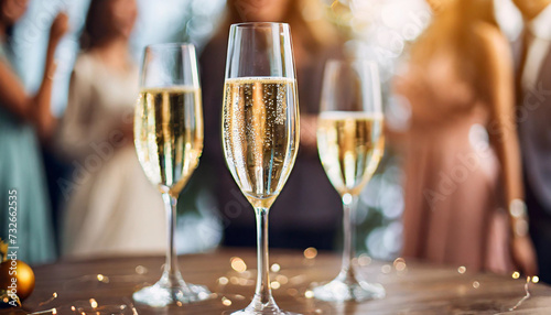 champagne glass at upscale party, with blurred background photo