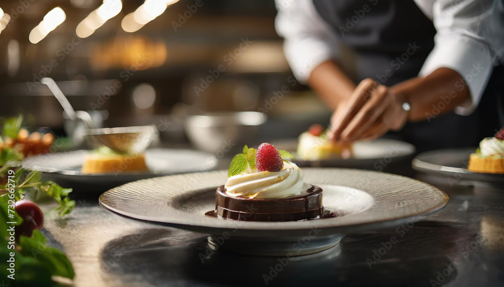 Blurry image of chefs crafting gourmet desserts on sleek plates, epitomizing modern culinary artistry Blurry image of chefs crafting gourmet desserts on sleek plates, epitomizing modern culinary artistry