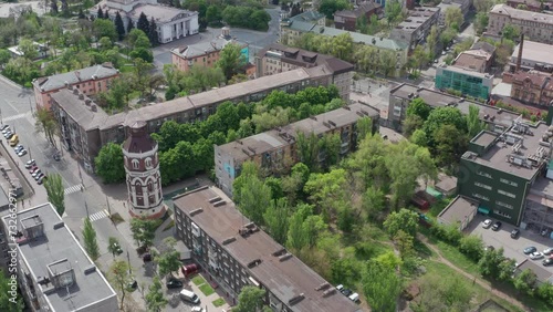Aerial view of Center of Mariupol, Ukraine before Russian invasion of Ukraine. Donetsk Academic Regional Drama Theatre on background.  photo