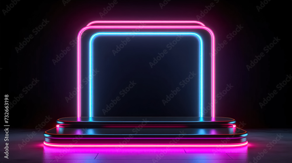 a cylinder podium and circle shape on a holographic neon colored background a cylinder podium and circle shape on a holographic neon colored background