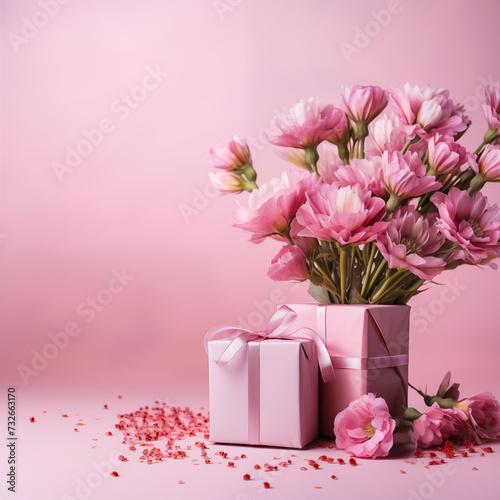 Pink flowers and gift in pink background
