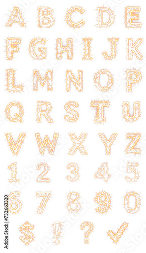 Electricity alphabet letters from A to Z. Numbers from 0 to 9 and special characters - Glowing magic neon lightning burst fonts. Isolated transparent PNG background.